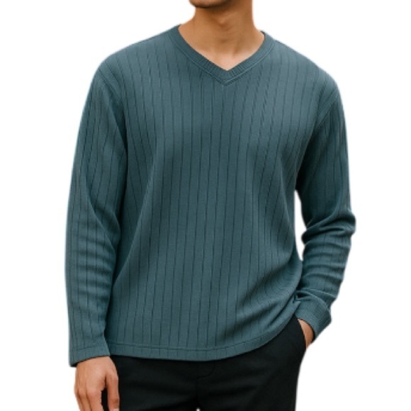 VINTAGE True North Men’s Fleece V-Neck Sweater Steel Blue Ribbed Long Sleeve S - Picture 1 of 10